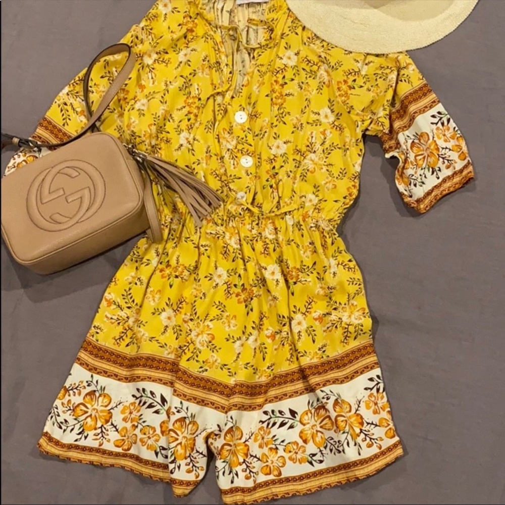 Yellow Floral Front Button Romper - Picture 3 of 8